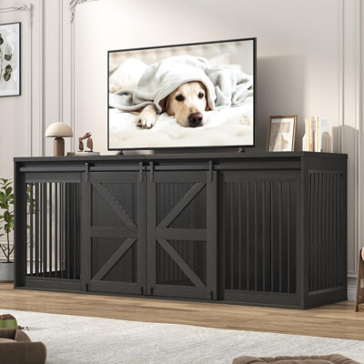 Meuble pour chien de 87 po de largeur, meuble télé en bois pour ferme avec porte de grange coulissante en métal, grand meuble de cage pour 2 chiens, tube en métal et 2 portes verrouillables