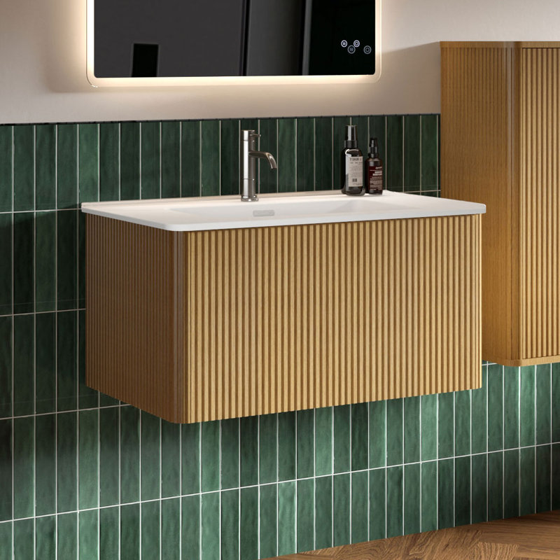 Meuble-lavabo mural simple pré-assemblé avec comptoir avec trop-plein 30 po Hannemarie, Chêne naturel, Matte White, 30"