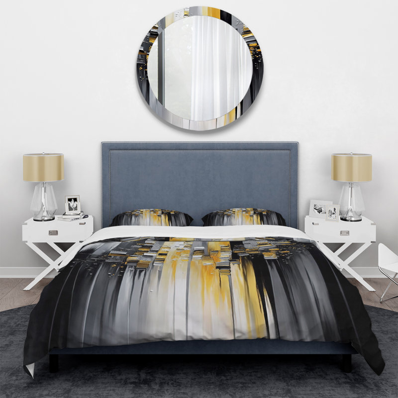 Abstract Geometric Black And Yellow I - Abstract Duvet Cover Set - Microfiber Polyester, King Duvet Cover + 2 King Shams