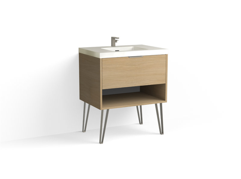 Modo 30" W Freestanding Single Bathroom Vanity with Dawson Leg, Matte White/Single, Biondo, Satin Brass
