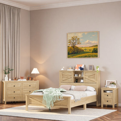 3-pieces Bedroom Sets, Platform Bed With Sliding Doors, Storage Headboard And Charging Station, 1 Nightstand With 2 Drawers, 1 Dresser With 6 Drawers by Ebern Designs