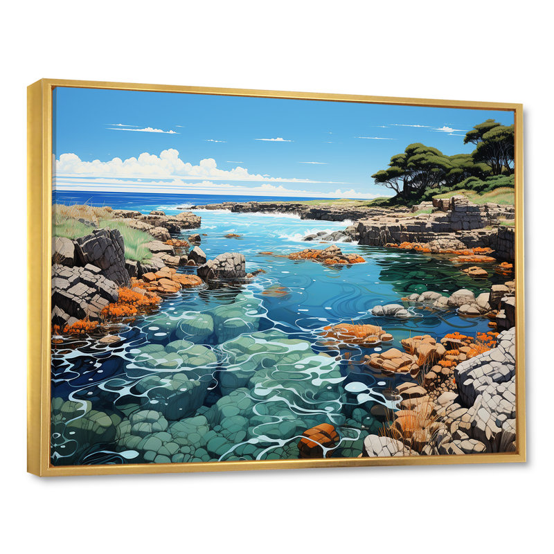 Paysage de plage sauvage V sur toile, Cadre flottant doré, H 16 po x l 32 po