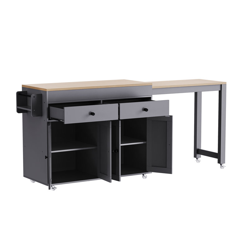 Îlot de cuisine 74,5 pouces avec table de salle à manger extensible, Gris