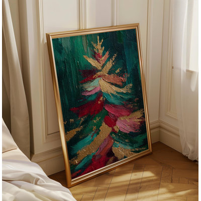 Abstract Christmas Tree Art Print, Gold Red Green Holiday Painting, Modern Festive Home Decor, Elegant Winter Wall Decor For Holiday Gift - 24 x 16 inches - Black Frame w. Glass