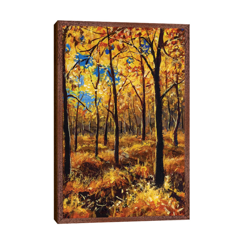 Beautiful Autumn Trees In Gold Warm Orange Autumn Forest Park Alley by Valery Rybakow - Painting on Canvas