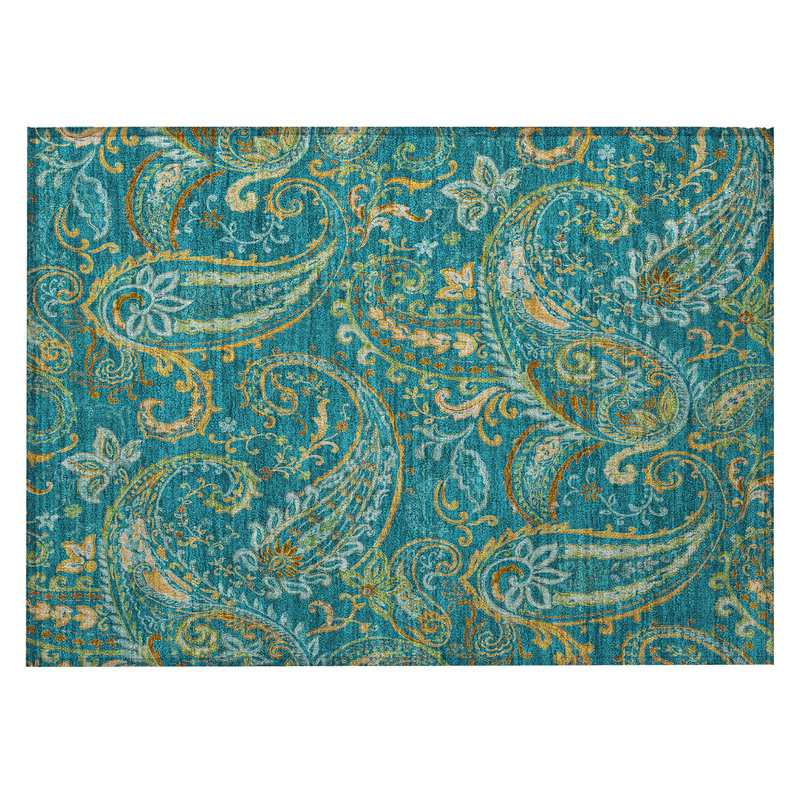 2' X 3' Teal Paisley Washable Non Skid Indoor Outdoor Area Rug