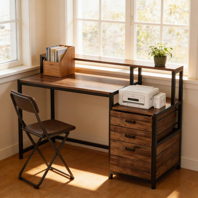 Bureau ergonomique spacieux avec support pour écran surélevé et classeur polyvalent pour une productivité accrue