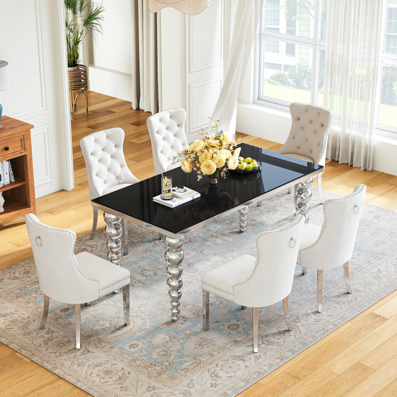 Modern Dining Table Set For 6, Luxurious Stainless Steel Legs And Tempered Glass Table, 6 Upholstered Velvet Dining Chairs With Nailhead Trim