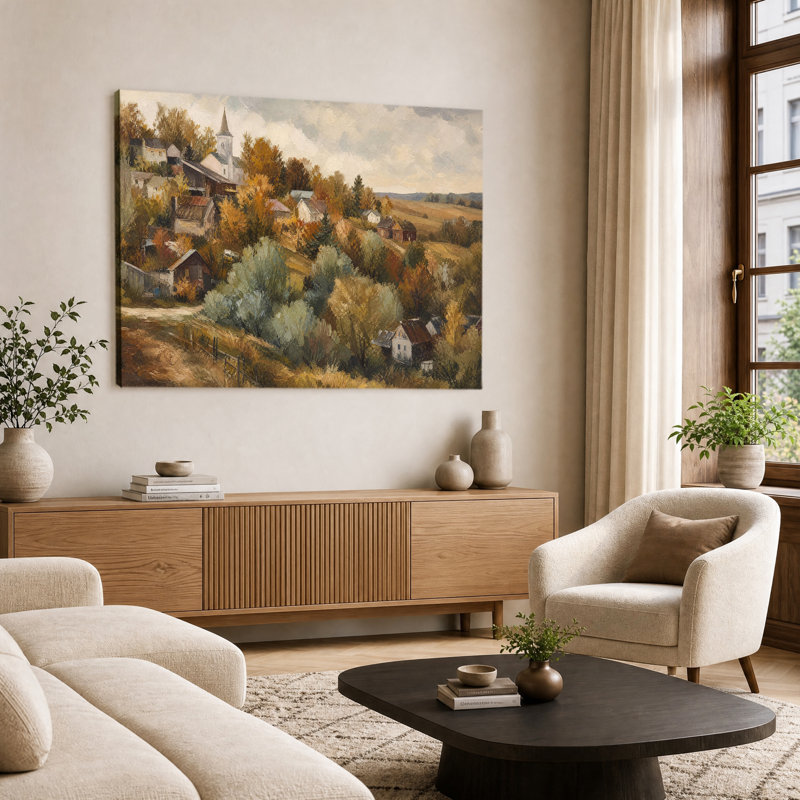 Tableau sur toile vintage représentant un paysage champêtre d'automne avec une église et un village, idéal pour la décoration de ferme.