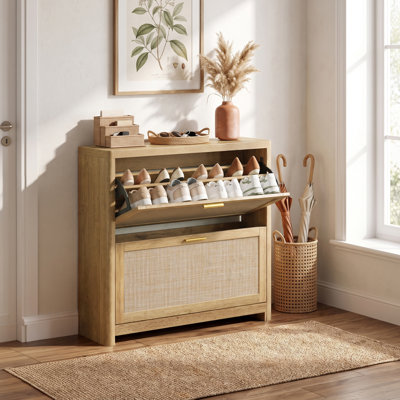 Gwendolen 16 Pairs Shoe Storage Cabinet With 2 Flip Drawers, Entry Shoe Cabinet With Rattan-Look Flip Drawers
