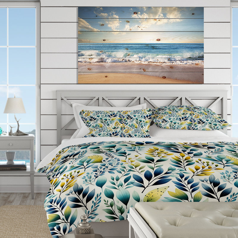 Watercolor Blue Foliage Botanical Pattern Floral Duvet Cover, Queen Duvet Cover + 2 Standard Shams