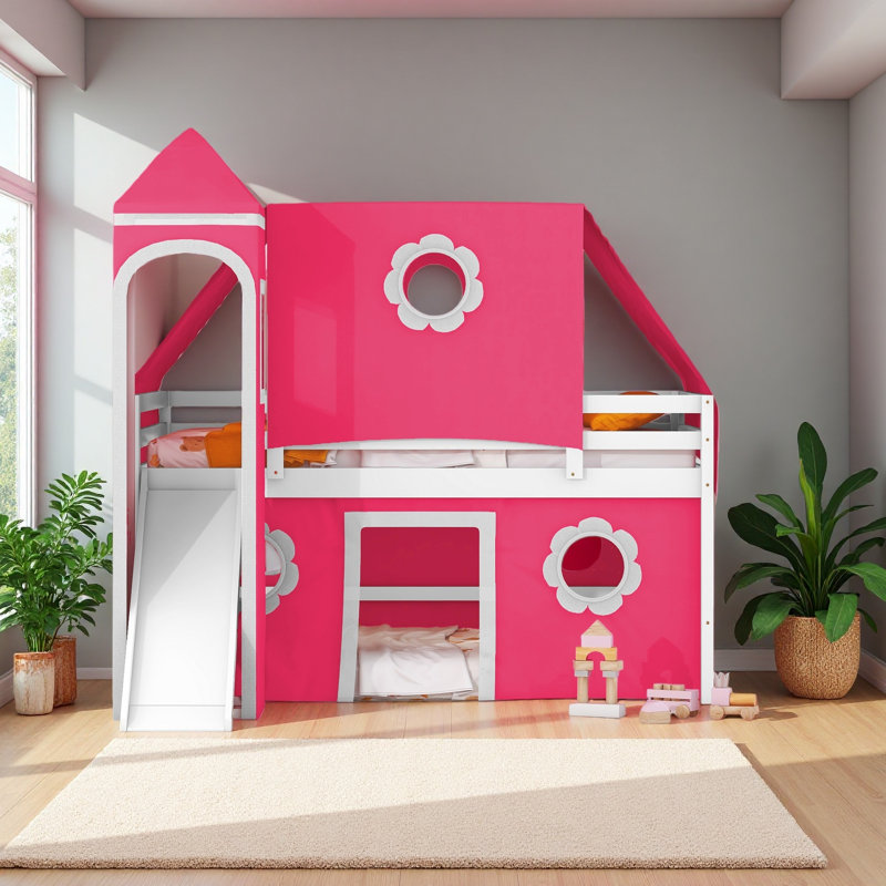 Lit mezzanine double avec tente coulissante et tour, Lit double, Rose