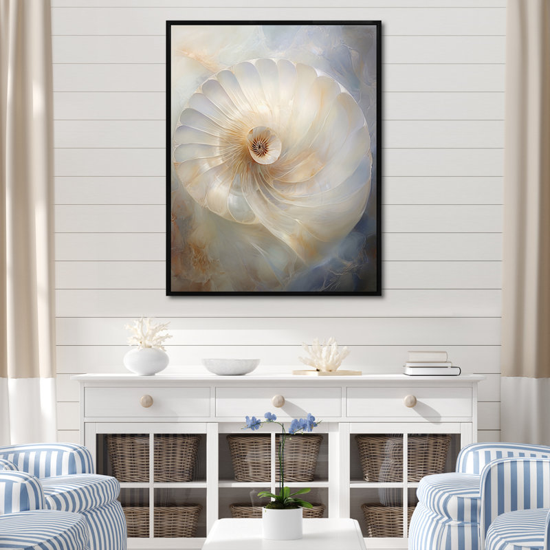 Bleu et blanc Nautilus Pearl Passage I sur toile, Cadre flottant noir, H 20 po x l 12 po x P 1 po
