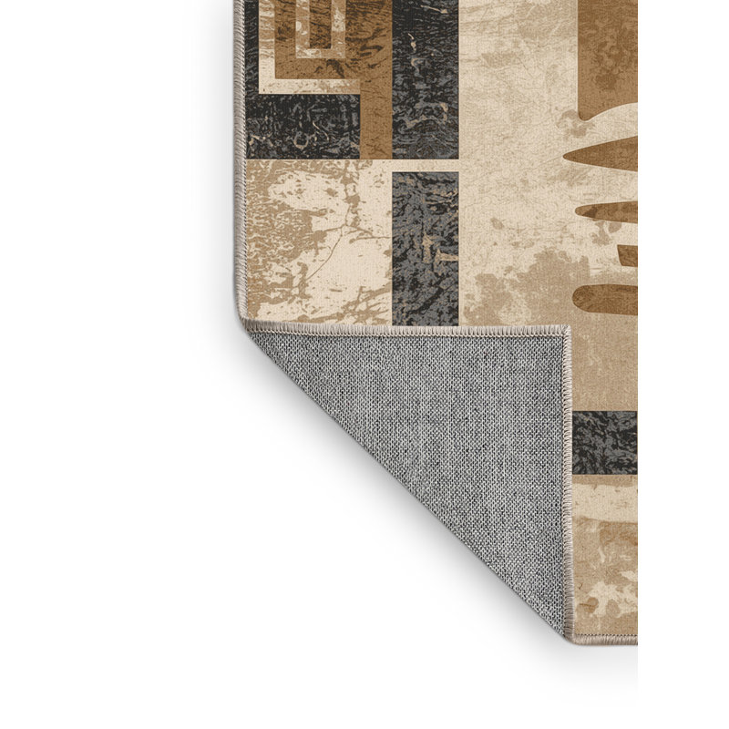Tapis lavable à la machine à motif de blocs d'inspiration mondiale - Beige, 3 X 5