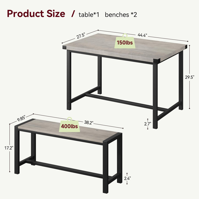 Gray Metal and MDF 3-Piece Dining Table Set with Upholstered Benches