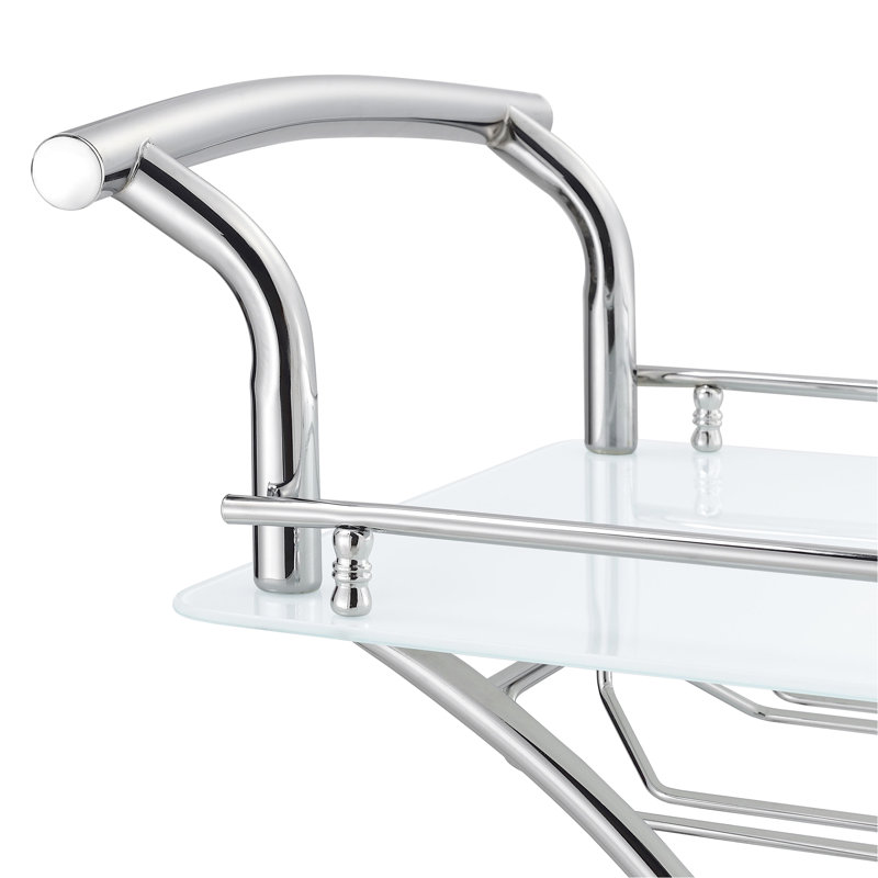 Chariot-bar en métal à 2 tablettes en verre blanc, pour l'organisation de la salle à manger, un support à verres à pied et trois supports à vin, d'une profondeur de 16,13 pouces avec une option de rangement, 26,5 W