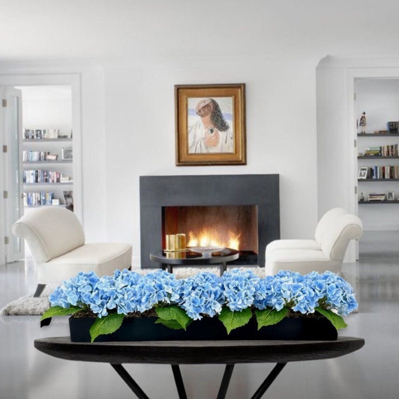 Arrangement d'hortensias artificiels bleus longs et réels, centre de table, arrangement floral artificiel, fleurs en soie, vase noir, décor français