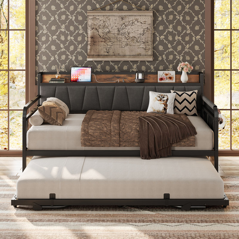 Twin Daybed with Trundle and Storage Upholstered Headboard with Charging Station, Strong Supports for Bedroom, Living Room and Guest Room
