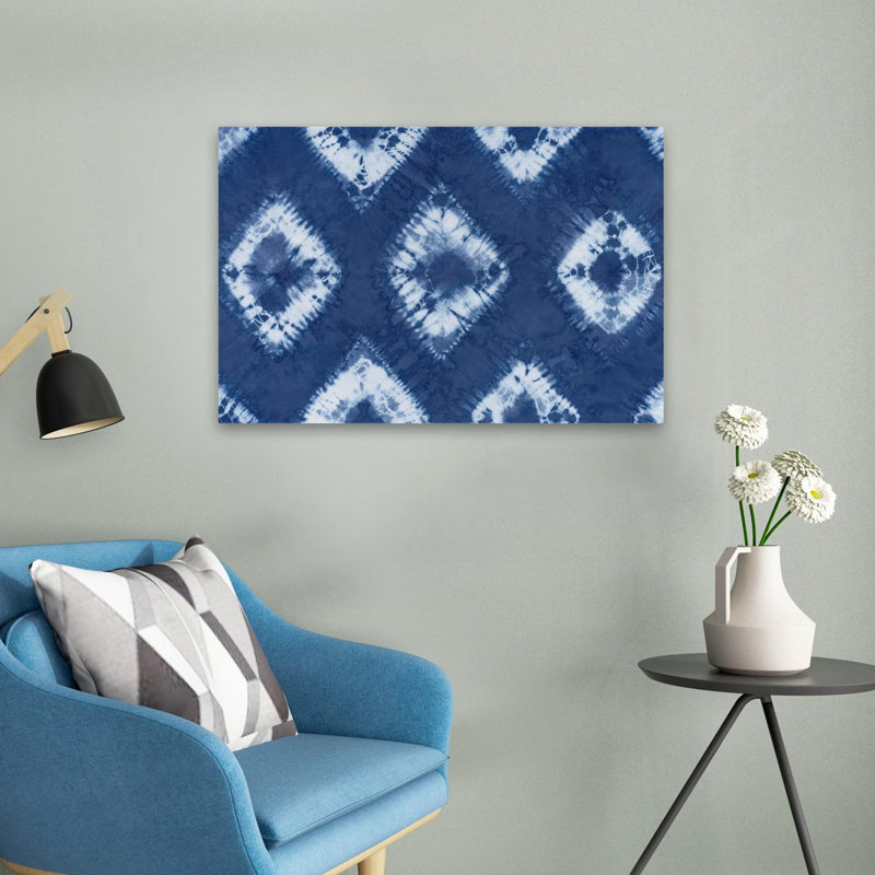 Shiboriscapes III - art abstrait avec cercles bleus et diamants, H 16 po x l 24 po