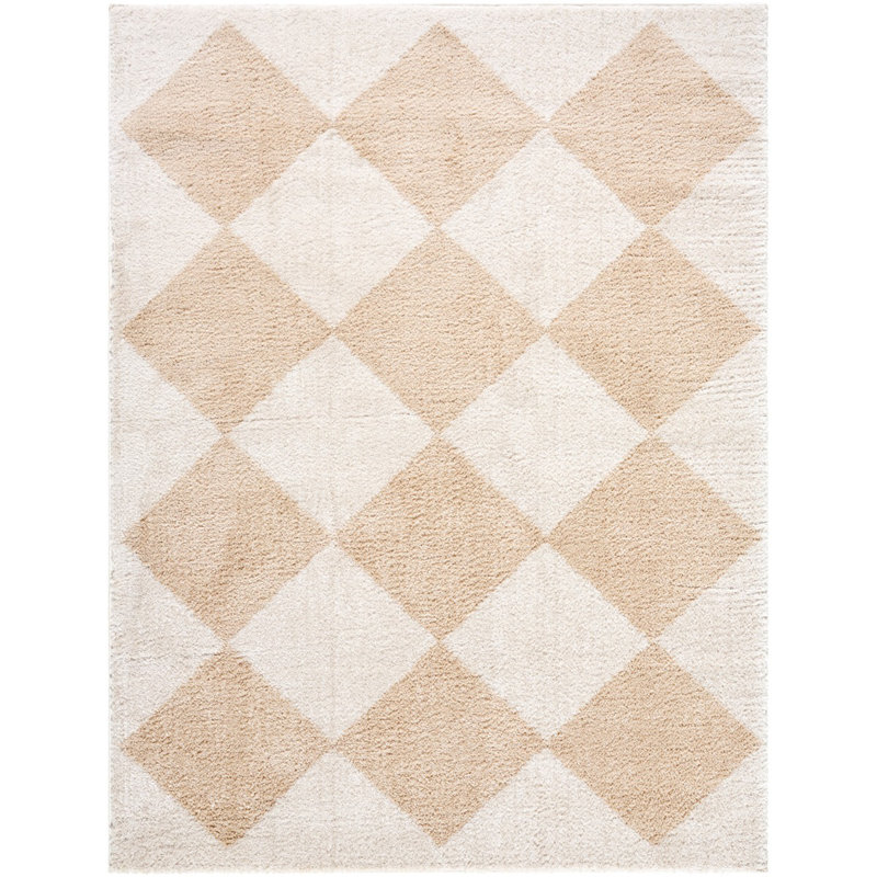 Beige Modern Washable Shaggy Rug, Chequered Anti-Slip Rug For Living Room, Dining Room, Bedroom, Kitchen