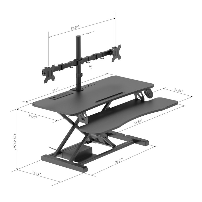 Black Adjustable Dual Monitor Standing Desk Converter with Gas Spring