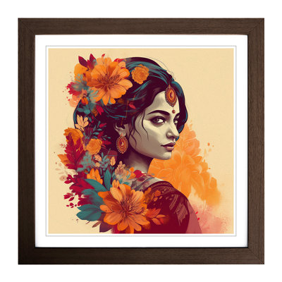 Indian Woman Floral - Single Picture Frame Print on Wood