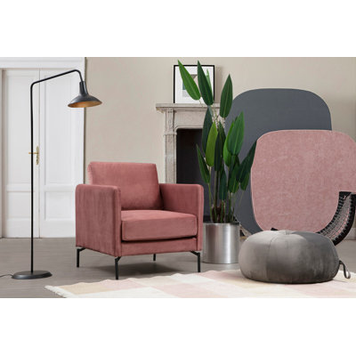 Stylish Wing Chair in Pink, Beech Wood & Chipboard Frame, 31.9 x 34.3 x 35.4 inches | 100% Polyester Fabric, Soft Foam & Feather Cushion, Portable Back Cushion, Durable Matt Black Metal Legs, Perfect for Modern Décor
