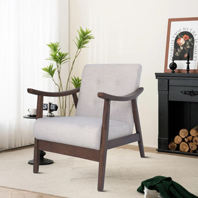 Chaise longue rembourrée de style Mid-Century avec dossier capitonné et accoudoirs en bois, pieds pour la chambre à coucher et le salon, espace d'étude et de réception