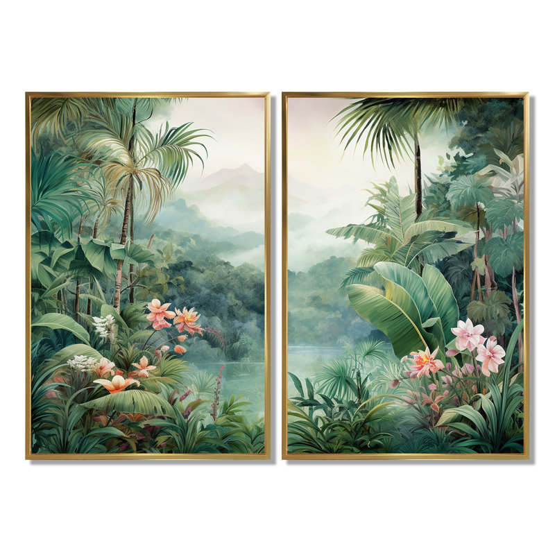 Art tropical, jungle tropicale, H 36 po x l 48 po, Impression encadrée flottante, Doré