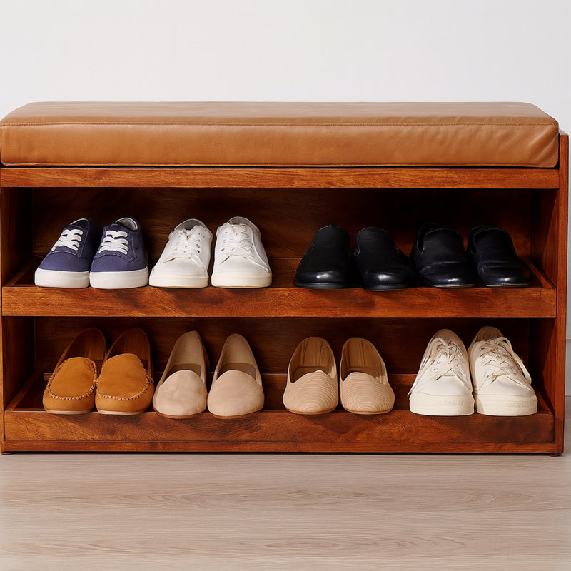 Solid Wood Buffalo Hide Pull-Out Chestnut Shoe Storage Bench
