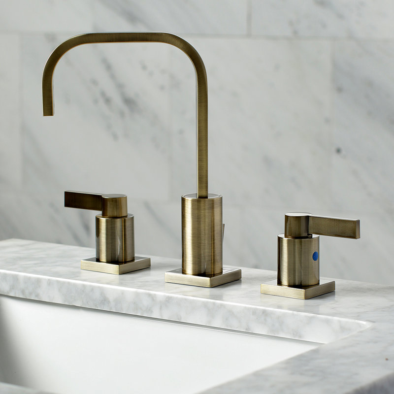 Kingston Brass NuvoFusion Two-Handle 3-Hole Deck Mount Widespread Bathroom Faucet with Retail Pop-Up Drain, Vintage Brass