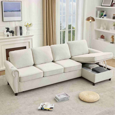 106.5" Pull Out Sofa Bed,L Shaped Modular 4 Seater Couch,2-in-1 Sofa Bed,Wireless Charging , USB Charging Ports,Memory Foam Mattress,Storage Space, Flannelette,Beige