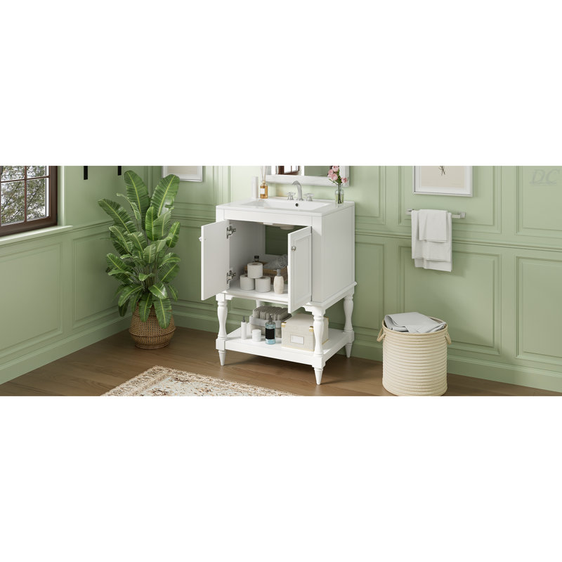 Meuble-lavabo de luxe moderne de 24 po avec lavabo en céramique, meuble de salle de bain avec tablette ouverte et rangement fermé