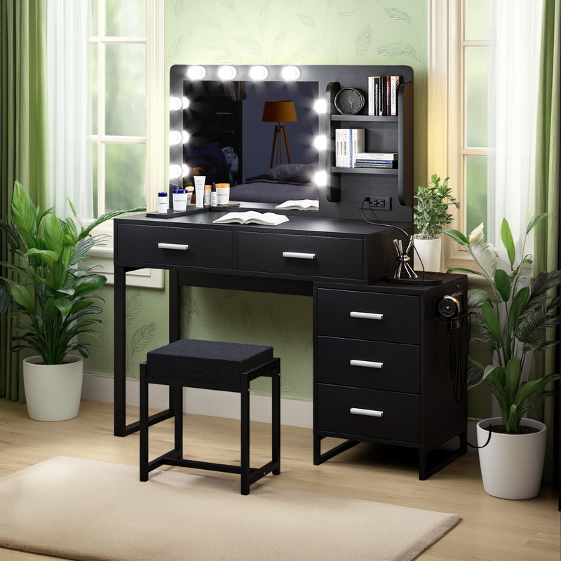 Bureau de meuble-lavabo lumineux avec miroir 3 couleurs, prises de courant et tiroirs spacieux