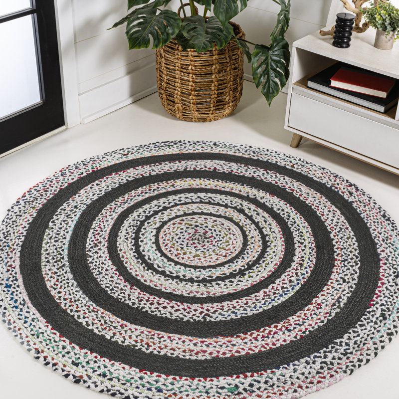 Kelveonta Braided Bohemian Coastal Round Jute White/Multi Rug, Round 4'