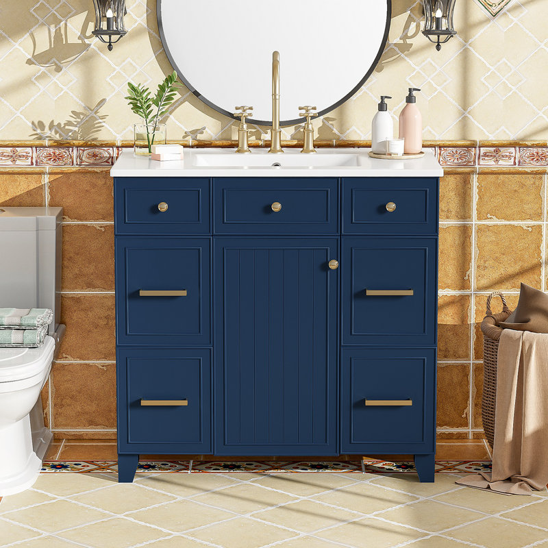Meuble-lavabo de 36 po avec lavabo en céramique, structure en bois massif, portes à fermeture douce, tablettes réglables, 3 tiroirs, y compris un tiroir à double profondeur pour le rangement du sèche-cheveux (ancien numéro de référence: SV000003AA