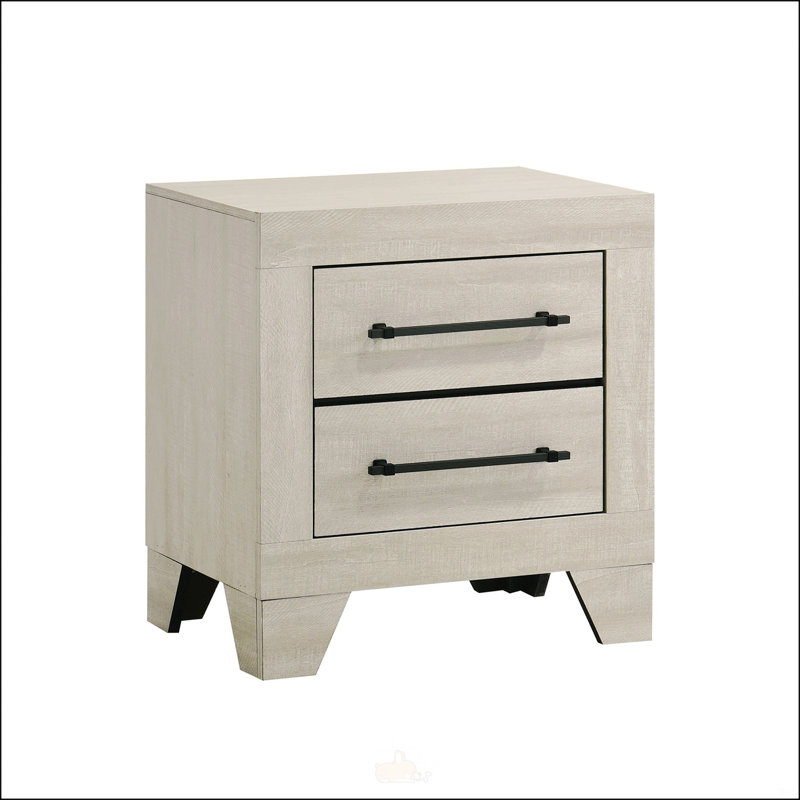 Table de chevet contemporaine gris clair avec poignées en métal et tiroirs en queue d'aronde, parfaite pour les chambres à coucher modernes