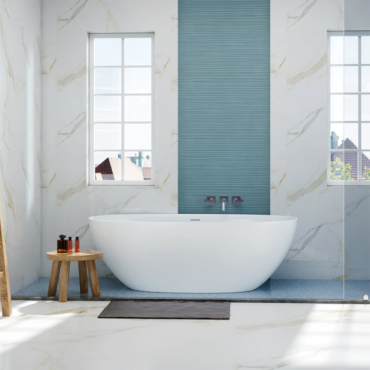 55.12" L X 29.1" W X 22.05" H Matte White Freestanding Solid Surface  Bathtub SWBT45-5529