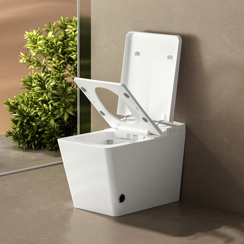 Modern Bathroom Square Smart Toilet With Attached Tank - Remote-Controlled, Auto-Flush, Heated Seat, Led Monitor, User Tailored Choices, White Hue Built-In For Bath Remote Command, Auto Flush