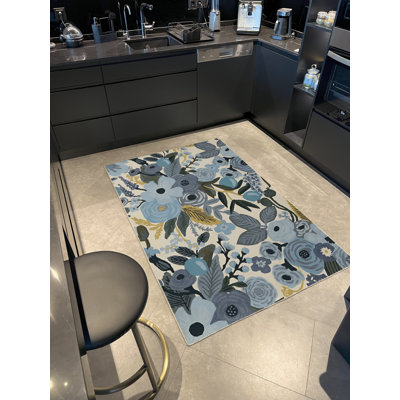 Blue-Themed Multi-Colored Floral Rose Patterned Modern Decorative Rug