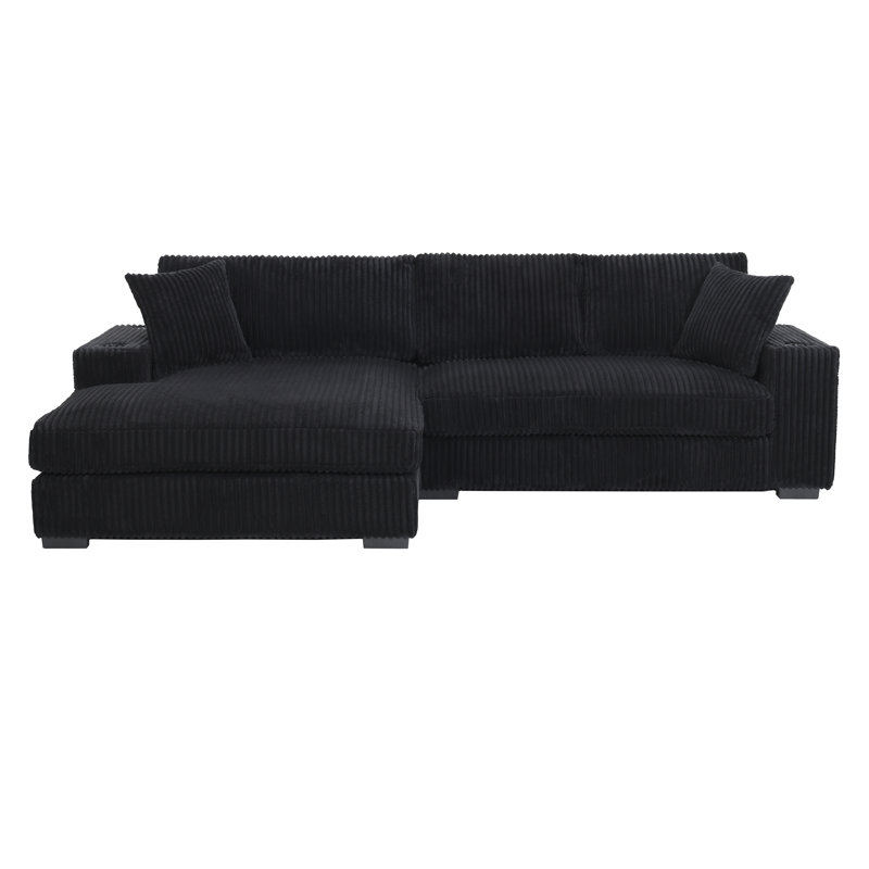 Landry Corduroy Sectional Sofa With Cup Holders & Charging Ports, Black
