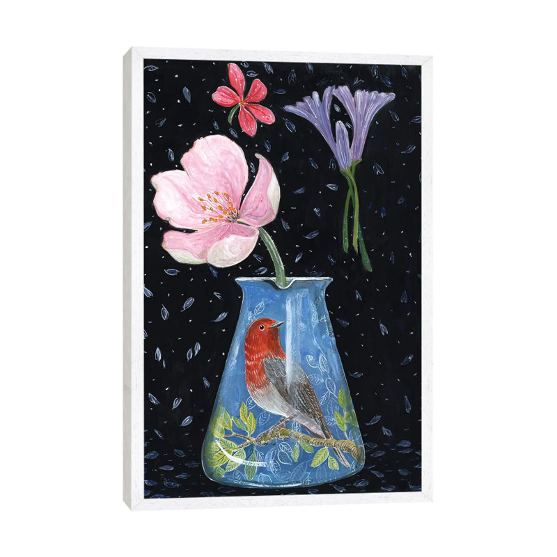 Blue Vase With Robin by Miri Eshet - Painting on Canvas, 101.6 cm H x 66.04 cm W, White Framed