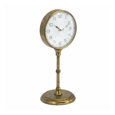 Vintage Inspired Gold Iron Table Clock with Acrylic Face and Pedestal Base