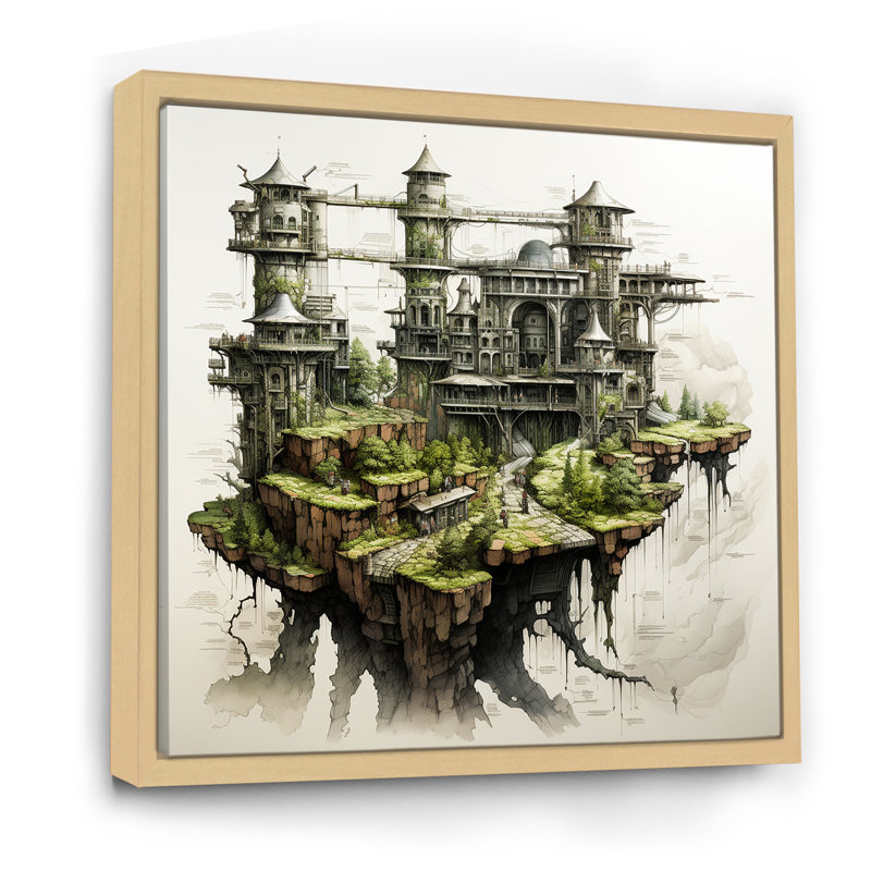 Dessin d'analyse d'une forteresse II sur toile, Cadre naturel flottant, H 16 po x l 16 po x P 1 po