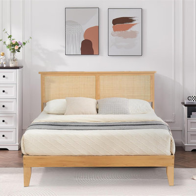 Twin Rattan Bed Frame, Bohemian Rattan Bed Frame Twin with Natural Headboard, LED Lights, No Box Spring Needed