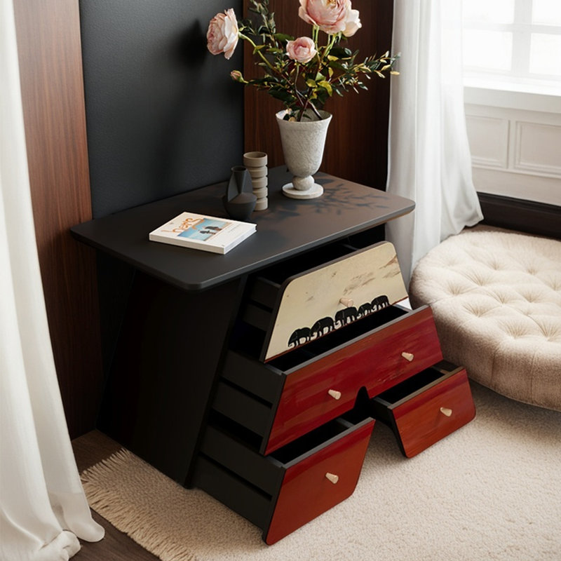 Simple four-drawer wooden multi-functional cabinet, Nutbrown/Black