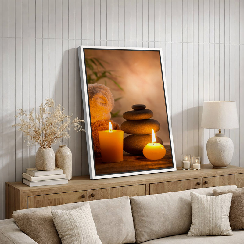 «Zen Stones Massage Spa with Warm Burning Candle», impression verticale sur toile, art mural, H 36 po x l 24 po