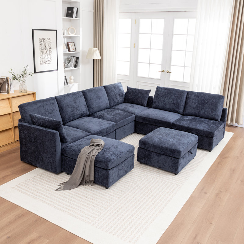 Canapé modulaire en U rembourré en X avec deux repose-pieds de rangement Miller, H 33 po x l 112 po x P 90 po, Bleu