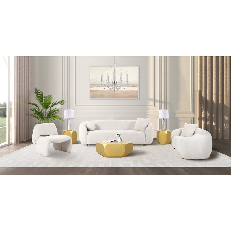 Ivory Fabric Round Arm Modern Loveseat with Wood Legs