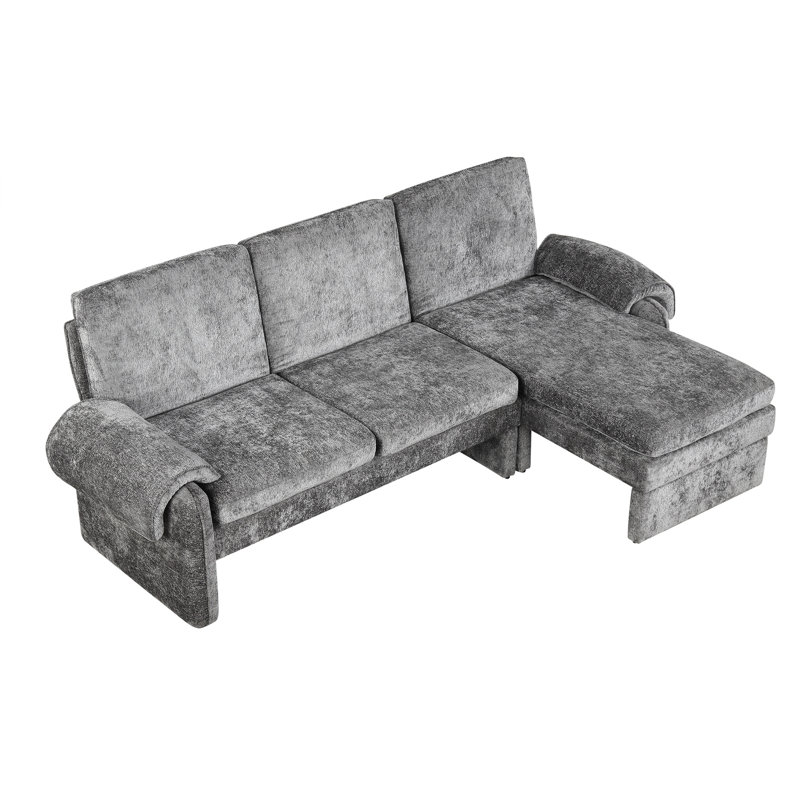 Convertible avec méridienne réglable et réversible, coussins d'accoudoirs amovibles, pieds hauts, chenille duveteuse, coussins de futon gris pour le salon, accoudoirs amovibles, pieds, espace en chenille floue